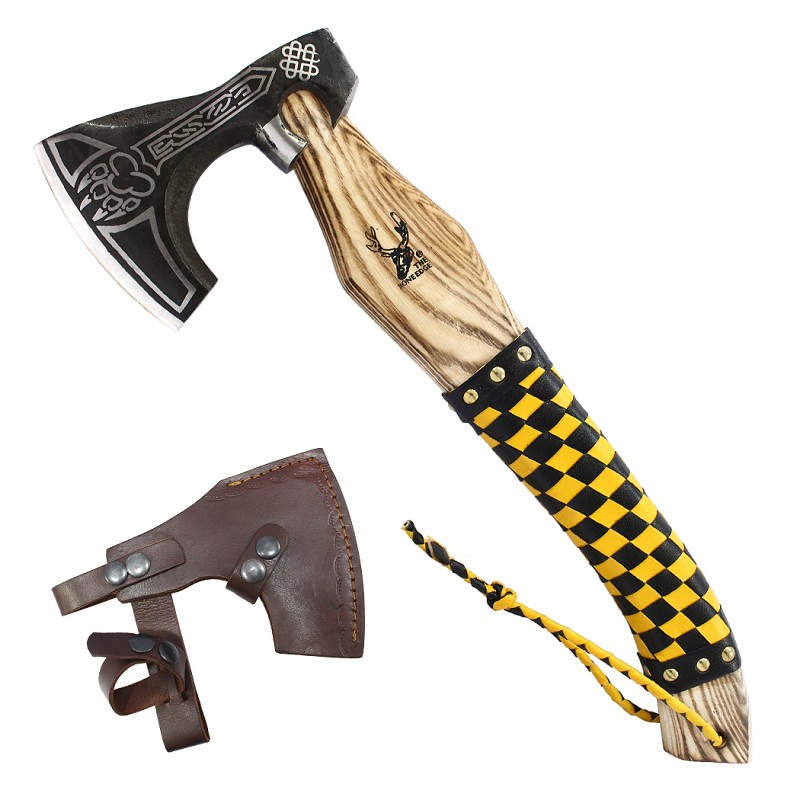 14616 17.5 in. Steel Blade Black & Yellow Leather Wrapped Handle Hunting Axe with Sheath