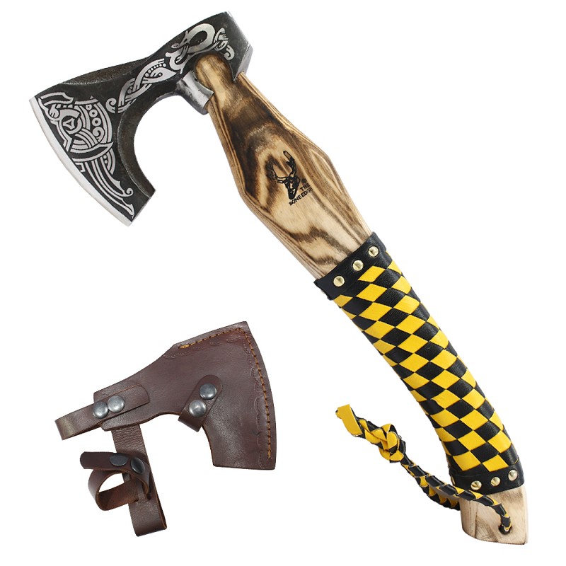 14617 17.5 in. Steel Blade Yellow & Black Leather Wrapped Handle Hunting Axe with Sheath