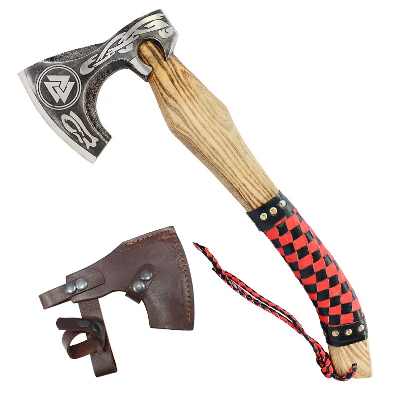 14618 17.5 in. Steel Blade Black & Red Leather Wrapped Handle Hunting Axe with Sheath