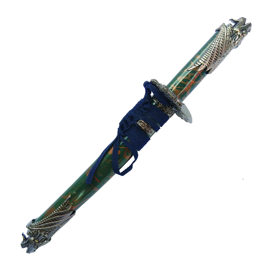 14363 13 in. Dragon Design Handle - Blue Samurai Mini Katana Sword with Stand