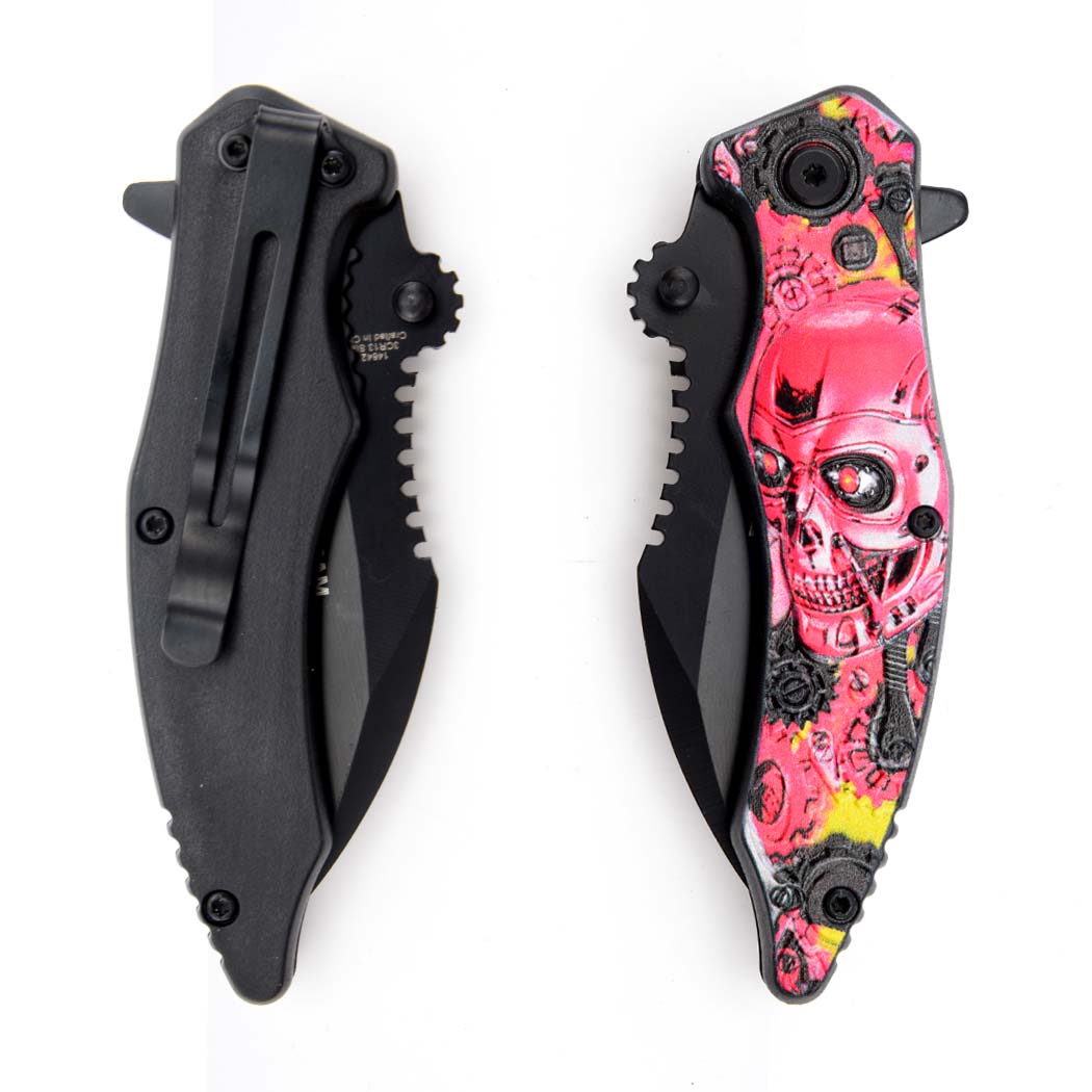 14642 7.85 in. Skull Design ABS Handle Red 3CR13 Steel Spring Assisted Folding Knife