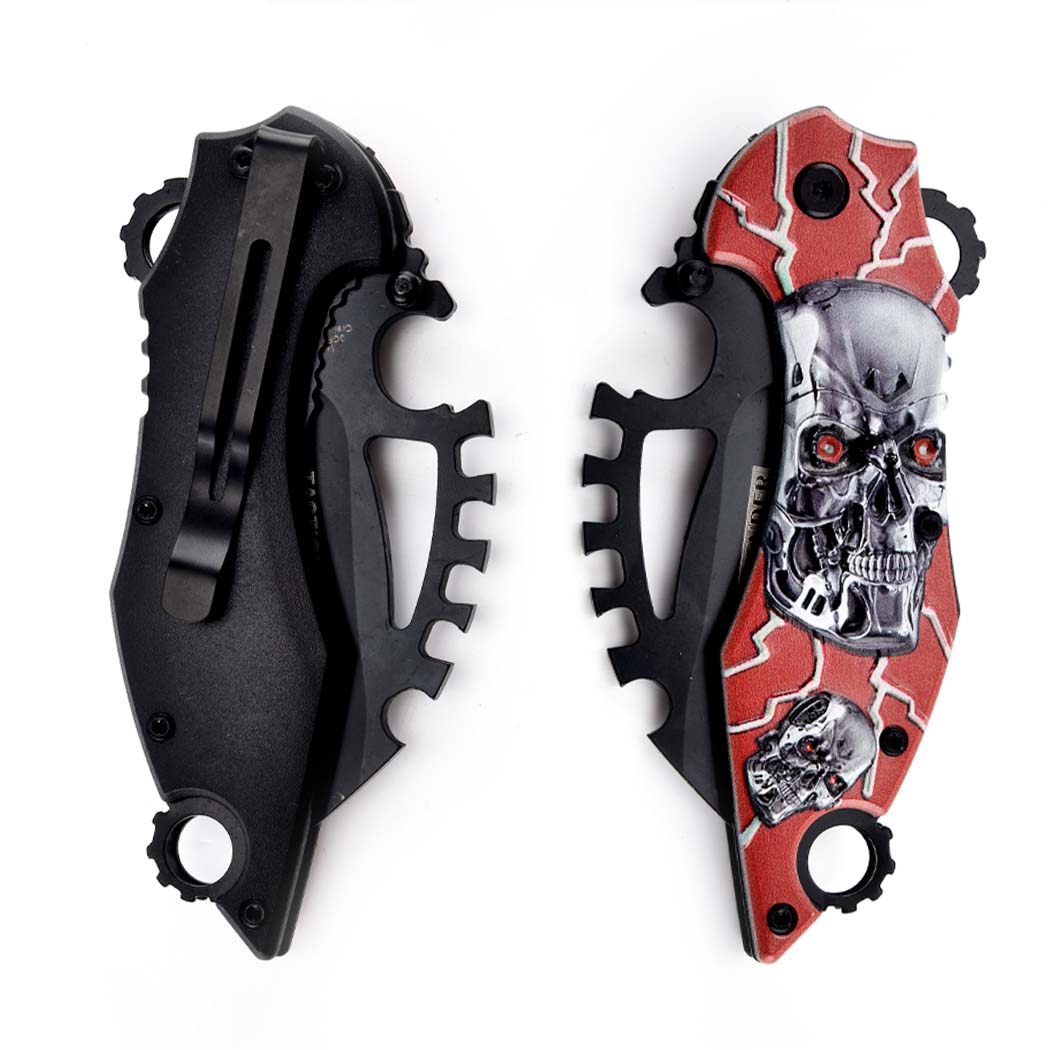14645 8 in. Skull Design Gray ABS Handle 3CR13 Steel Spring Assisted Folding Knife