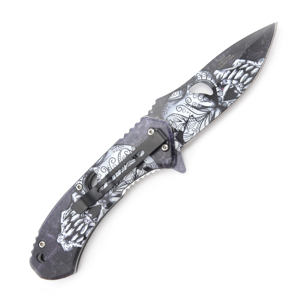 14649 8.25 in. Skull Design ABS Handle 3CR13 Steel Spring Assisted Folding Knife