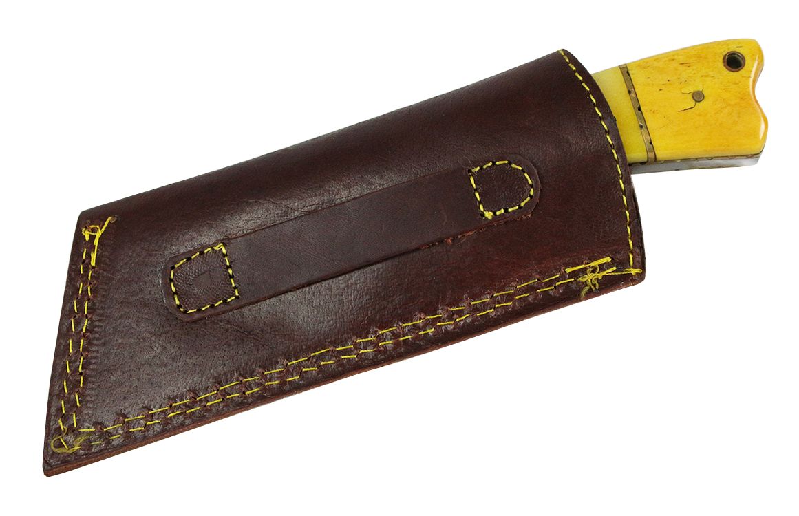 AJ206 7.25 in. Full Tang Damascus Steel with Yellow bone Handle & Leather Sheath