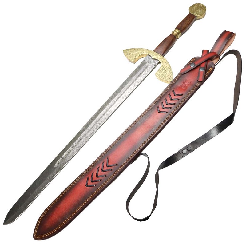 13988 35 in. Wood Handle Damascus Blade Sword with Genuine Leather Sheath