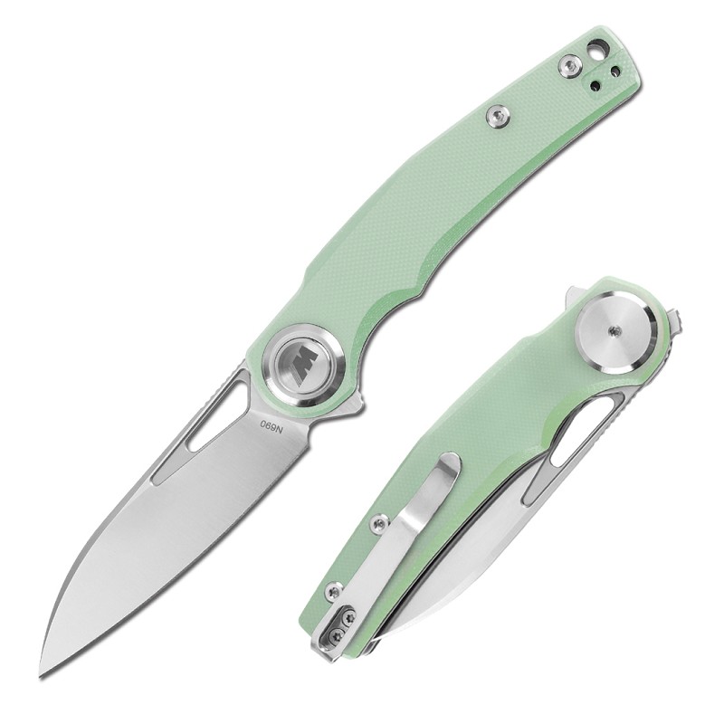 14562 8 in. Transparent Green G10 Handle Button Opening Stain Finish N690 Blade Ball Bearing Folding Knife with Box