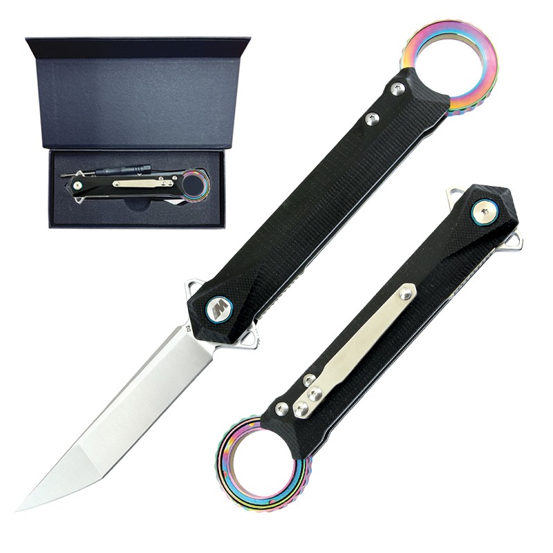 14596 9 in. Rainbow Finger Ring D2 Steel Black G10 Handle Ball Bearing Folding Knife with Box