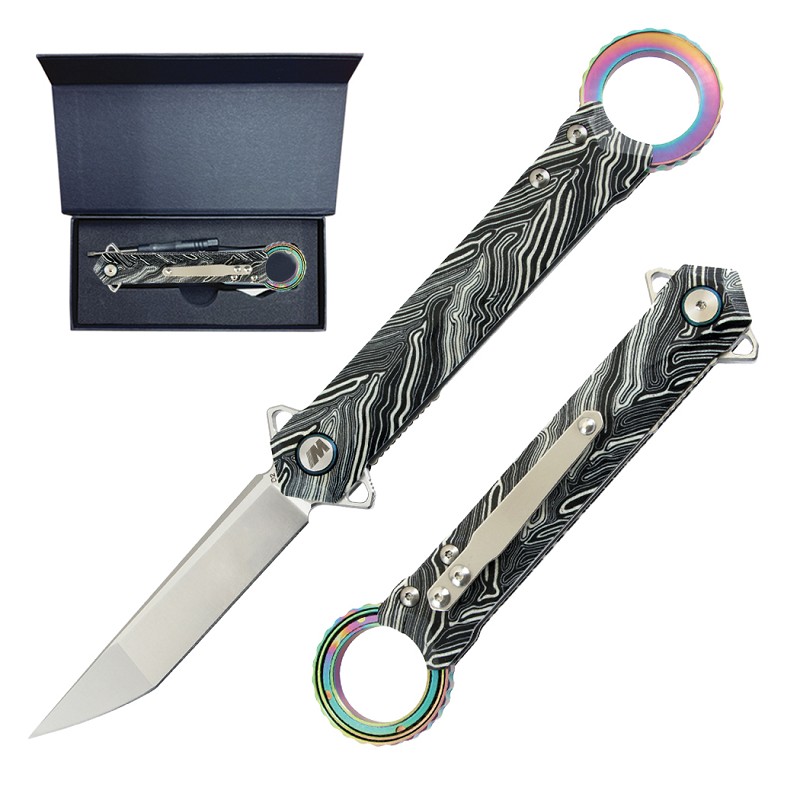 14597 9 in. Damascus Pattern G10 Handle Rainbow Finger Ring D2 Steel Ball Bearing Folding Knife with Box