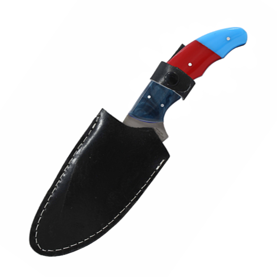 14505 9 in. Gut Hook Blade Sky, Red & Black Resin Handle Hunting Knife with Leather Sheath