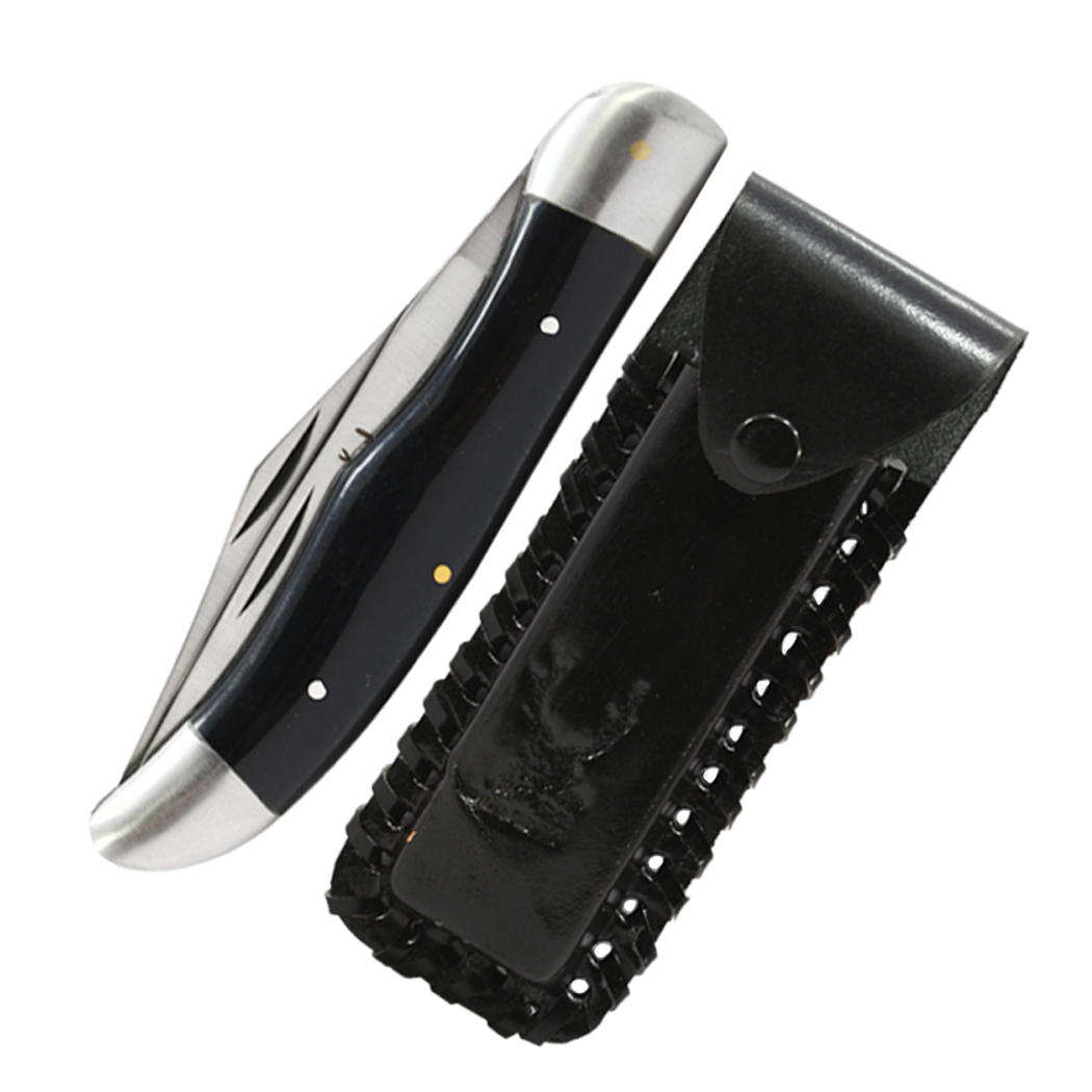 14512 9.5 in. Practical Dual-Bladed Resin Handle Folding Pocket Knife with Leather Pouch