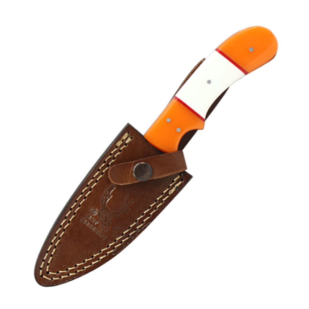 14521 8 in. Orange & White Resin Handle Damascus Blade Hunting Knife with Sheath