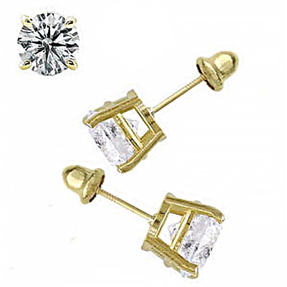 14K Yellow Gold Round Simulated Diamond Stud Earring Set on High Quality Prong Setting & Screw Back Post