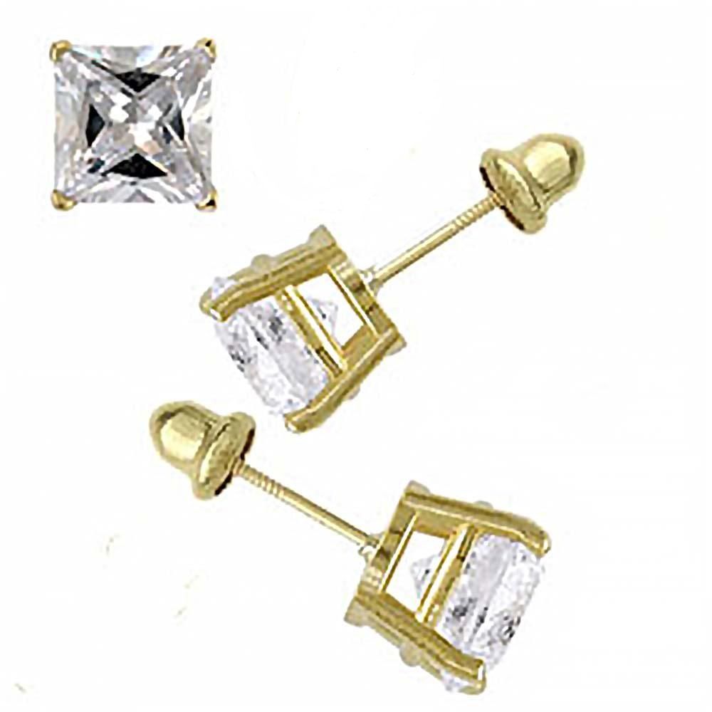 14K Yellow Gold Princess Cut Simulated Diamond Stud Earring Set on High Quality Prong Setting & Screw Back Post