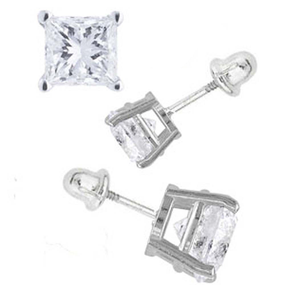 14K White Gold Princess Cut Simulated Diamond Stud Earring Set on High Quality Prong Setting & Screw Back Post