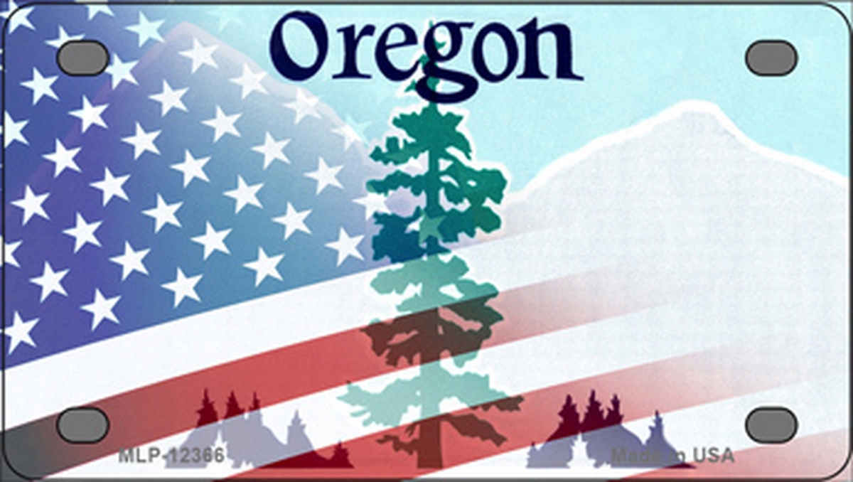 MLP-12366 2.2 x 4 in. Oregon with American Flag Novelty Mini Metal License Plate Tag -  Smart Blonde