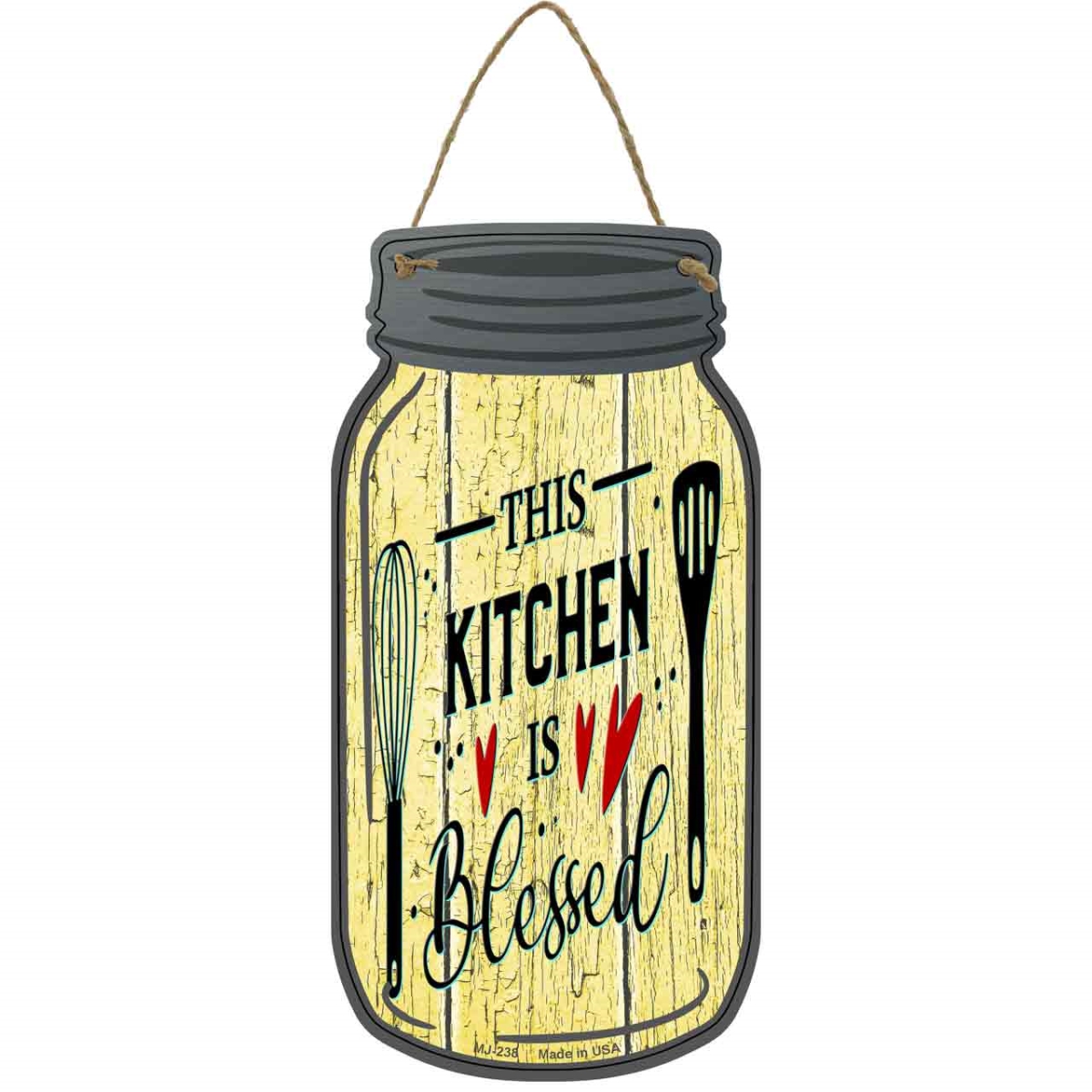MJ-238 4 x 8 in. Kitchen Blessed Yellow Novelty Metal Mason Jar Sign
