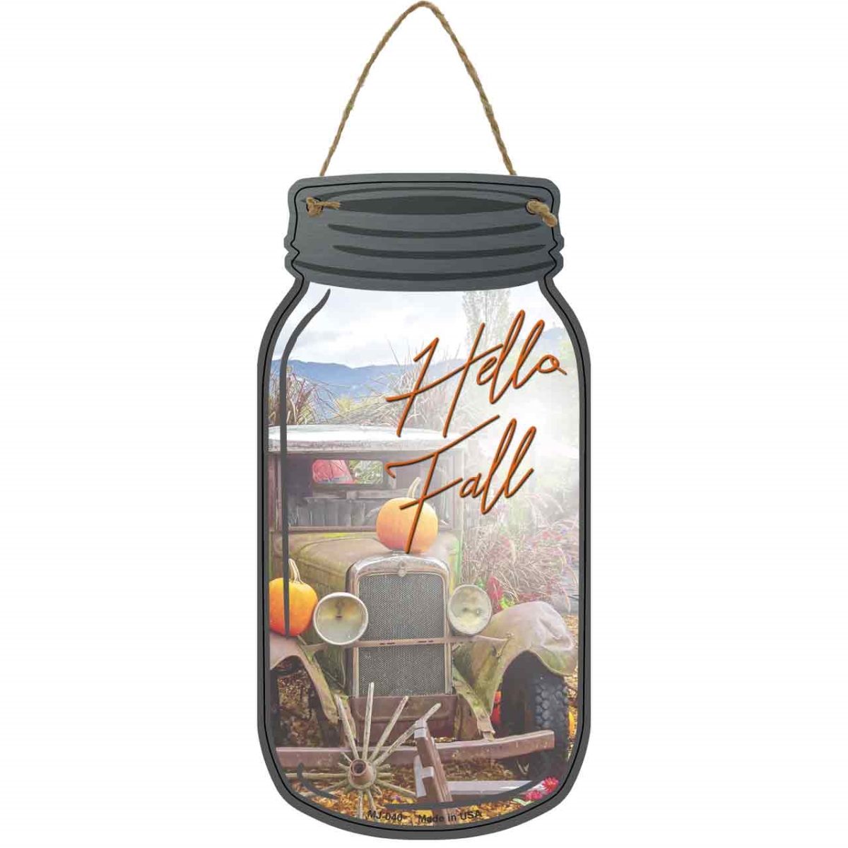MJ-040 4 x 8 in. Hello Fall Cursive Novelty Metal Mason Jar Sign