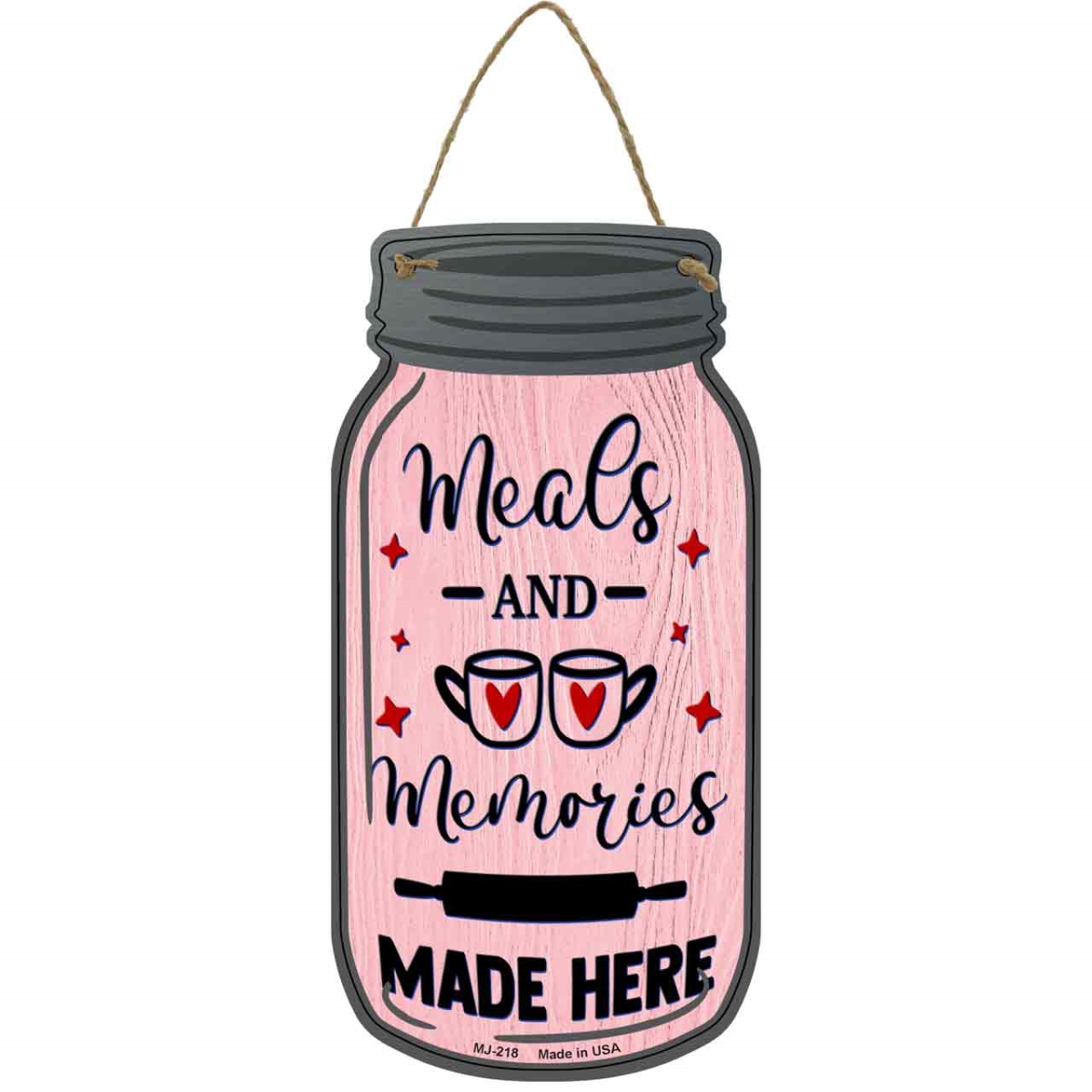 MJ-218 4 x 8 in. Meals & Memories Pink Novelty Metal Mason Jar Sign