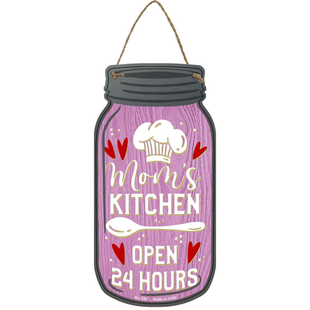 MJ-220 4 x 8 in. Moms Kitchen 24 Hours Novelty Metal Mason Jar Sign