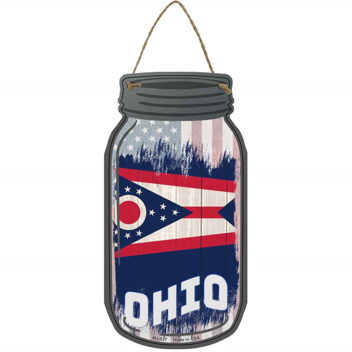 MJ-537 4 x 8 in. Ohio USA Flag Novelty Metal Mason Jar Sign