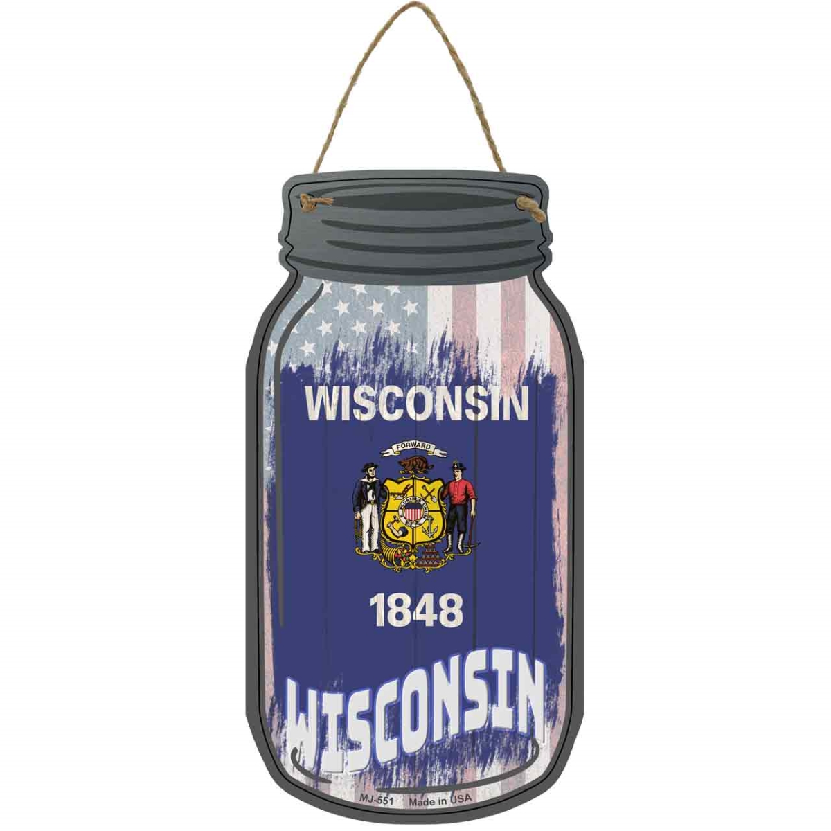 MJ-551 4 x 8 in. Wisconsin USA Flag Novelty Metal Mason Jar Sign
