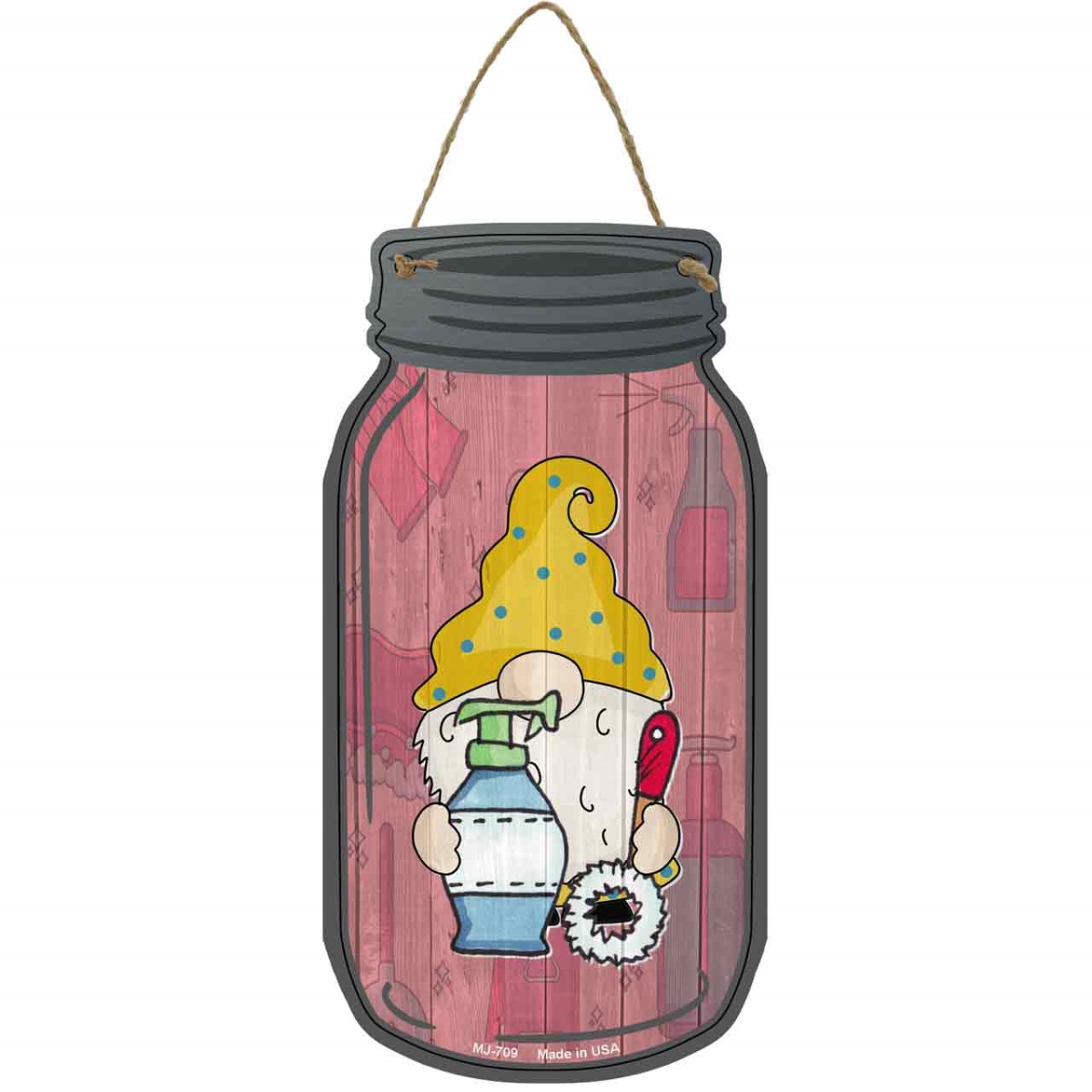 MJ-709 4 x 8 in. Cleaning Supplies Novelty Metal Mason Jar Sign with Gnome