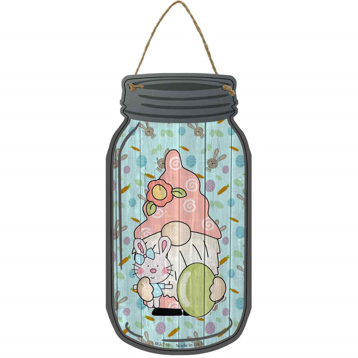 MJ-716 4 x 8 in. Egg Novelty Metal Mason Jar Sign with Gnome, Green