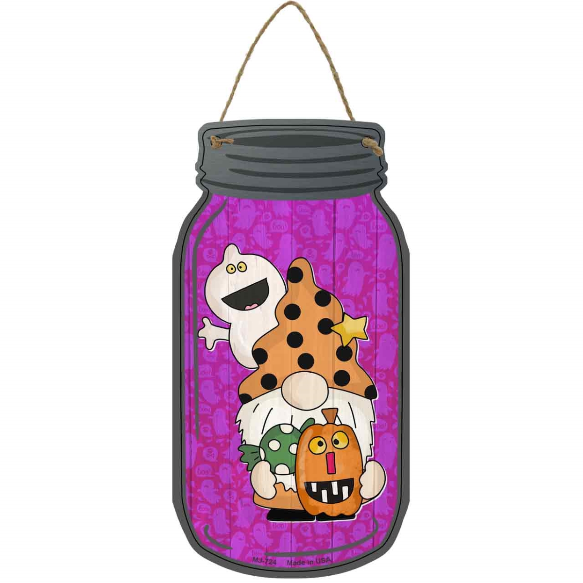 MJ-724 4 x 8 in. Flying Ghost Novelty Metal Mason Jar Sign with Gnome