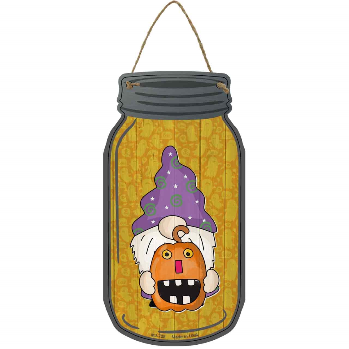 MJ-728 4 x 8 in. Pumpkin Novelty Metal Mason Jar Sign with Gnome
