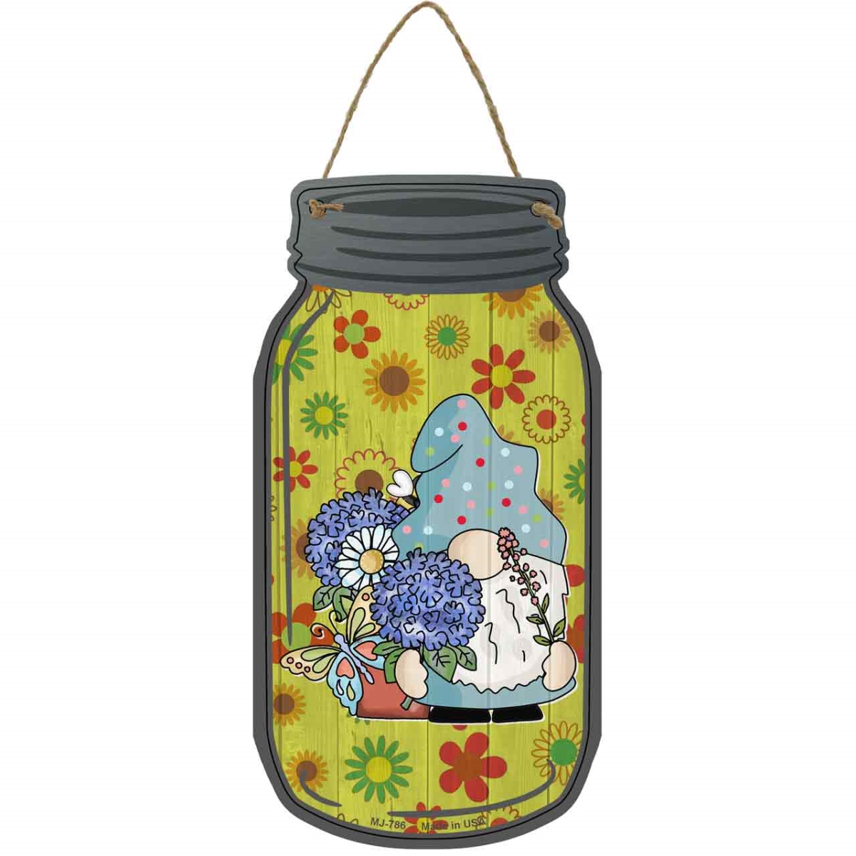 MJ-786 4 x 8 in. Flowers Novelty Metal Mason Jar Sign with Gnome, Blue
