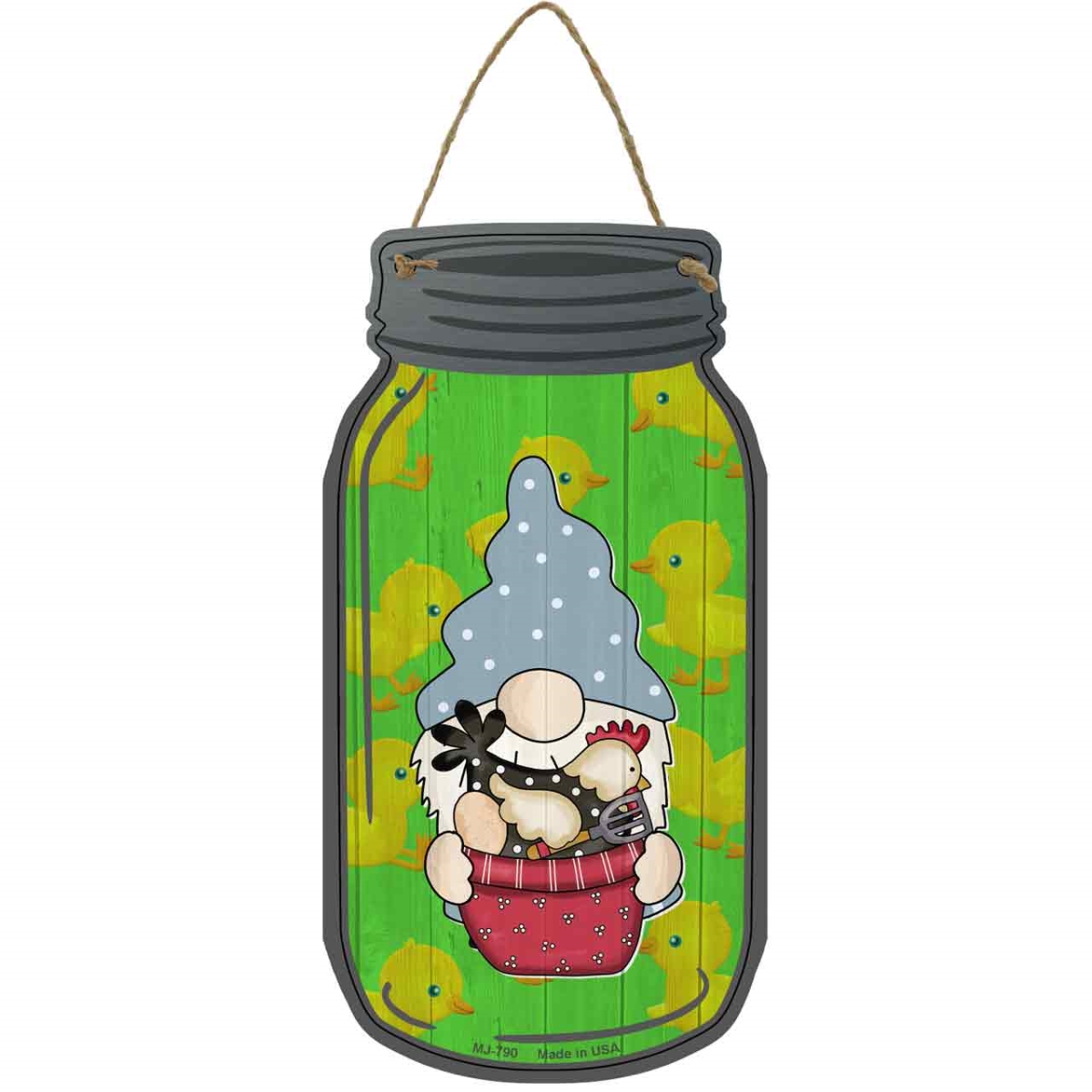 MJ-790 4 x 8 in. Chicken Green Novelty Metal Mason Jar Sign with Gnome