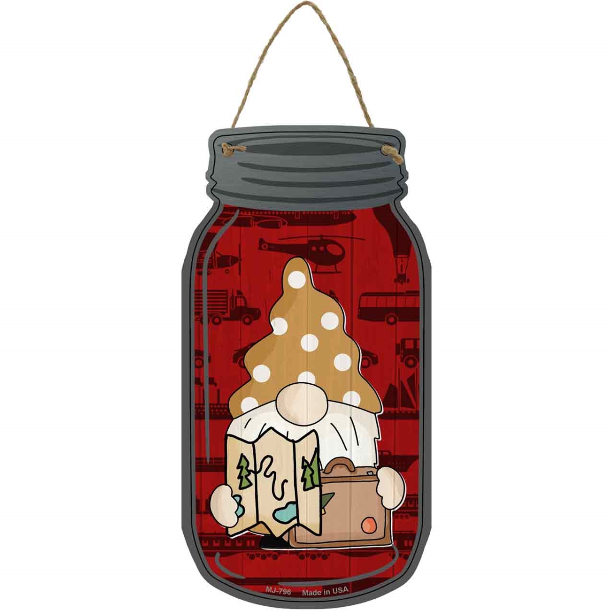 MJ-796 4 x 8 in. Map Novelty Metal Mason Jar Sign with Gnome