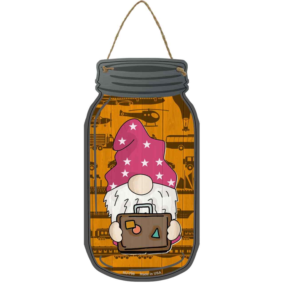MJ-798 4 x 8 in. Suitcase Orange Novelty Metal Mason Jar Sign with Gnome