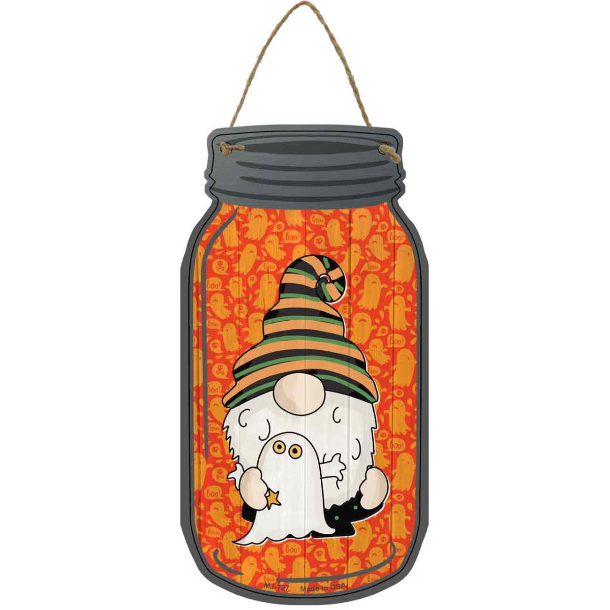 MJ-727 4 x 8 in. Ghost Novelty Metal Mason Jar Sign with Gnome