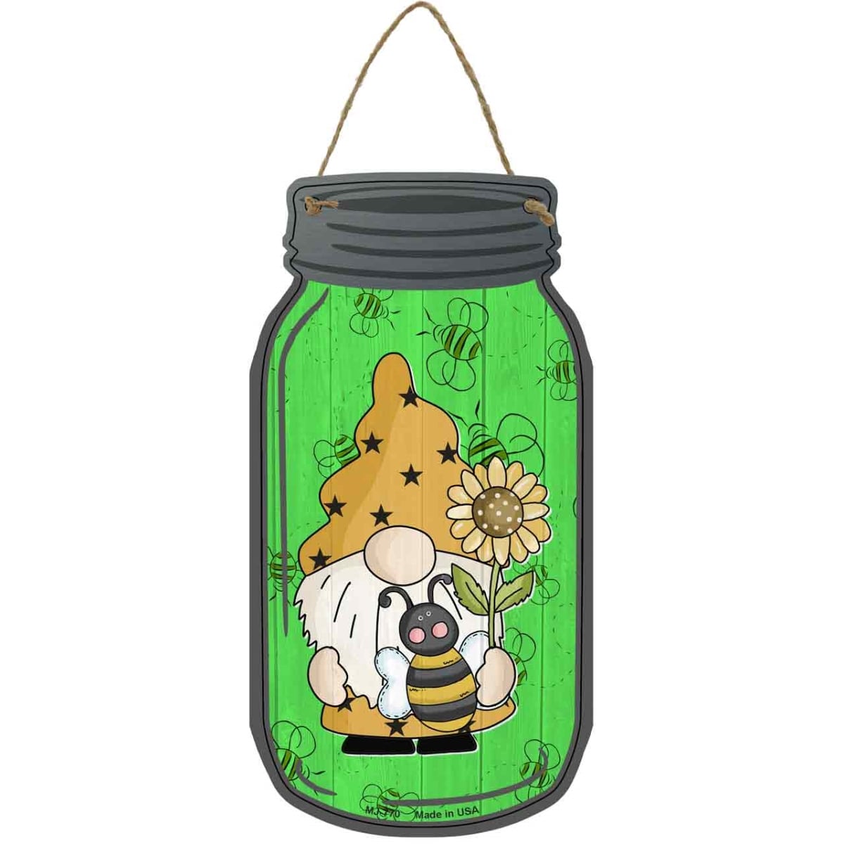 MJ-770 4 x 8 in. Bee Green Novelty Metal Mason Jar Sign with Gnome