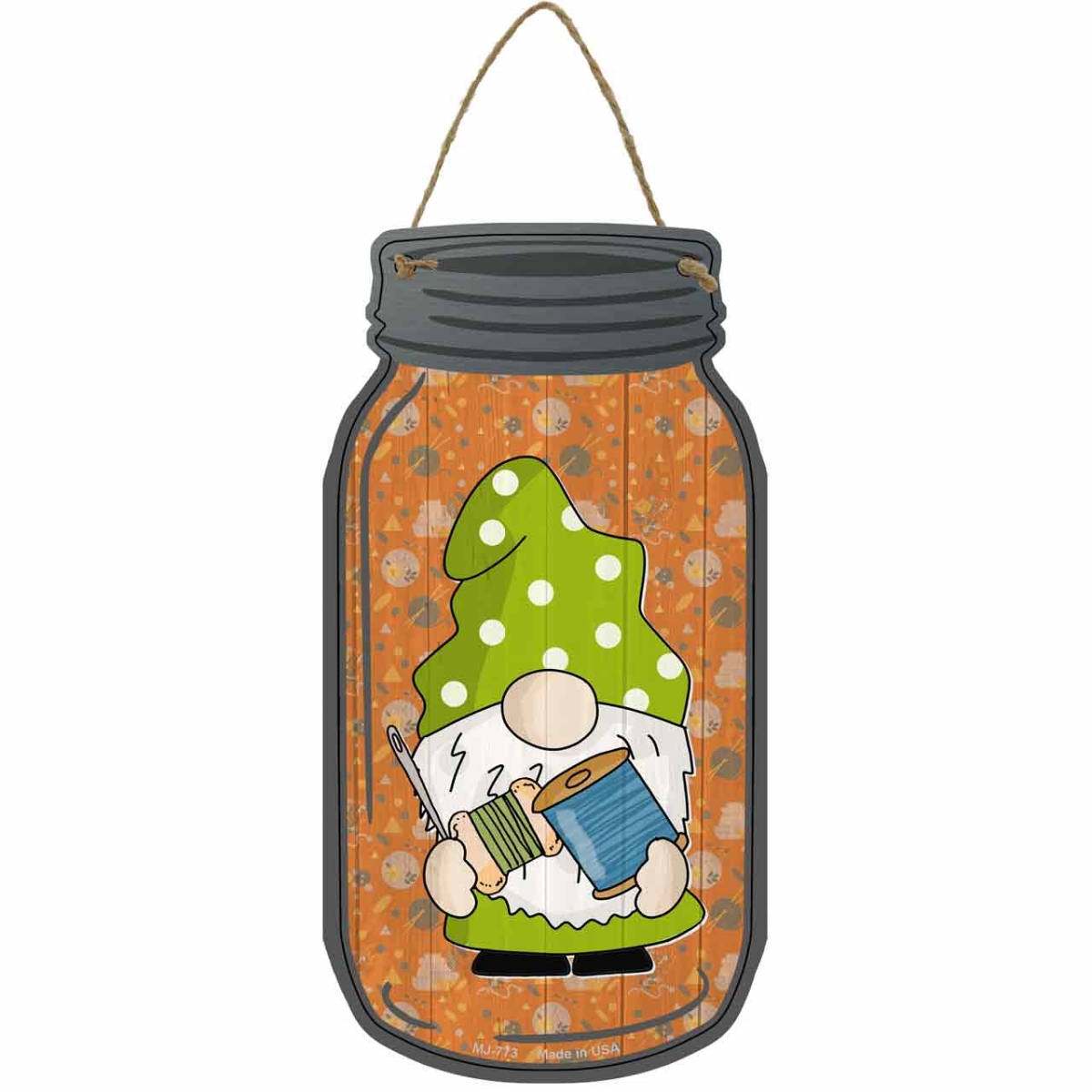 MJ-773 4 x 8 in. Yarn Novelty Metal Mason Jar Sign with Gnome