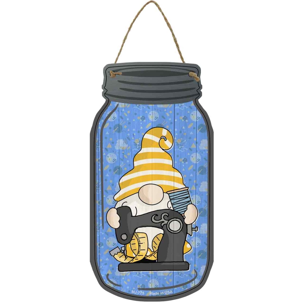 MJ-775 4 x 8 in. Sewing Machine Novelty Metal Mason Jar Sign with Gnome