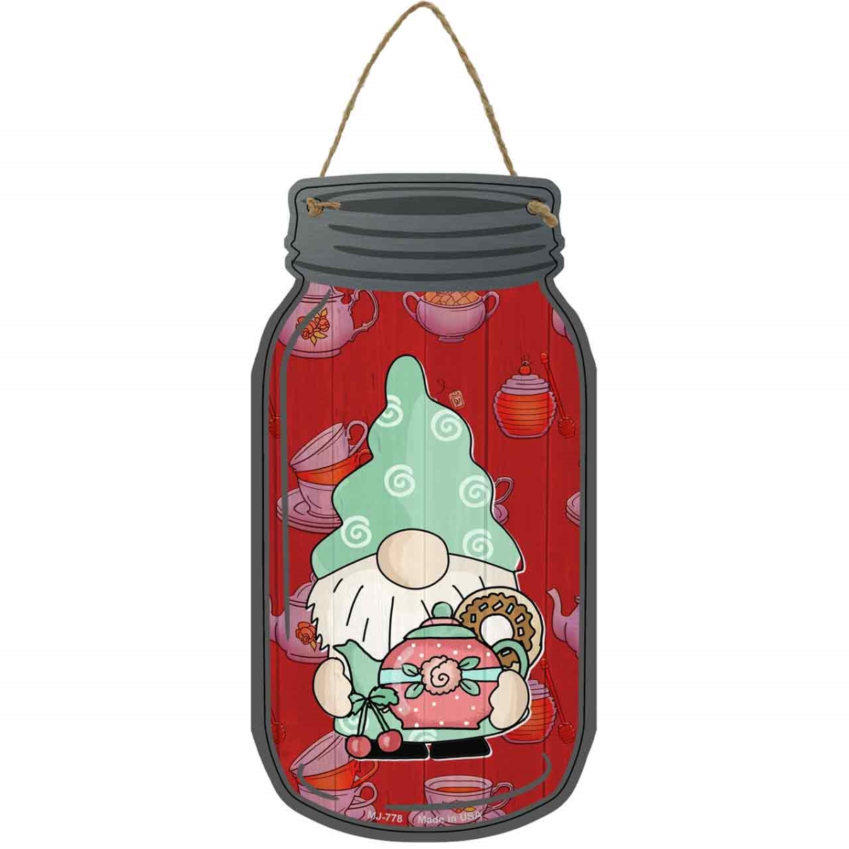 MJ-778 4 x 8 in. Teapot Novelty Metal Mason Jar Sign with Gnome