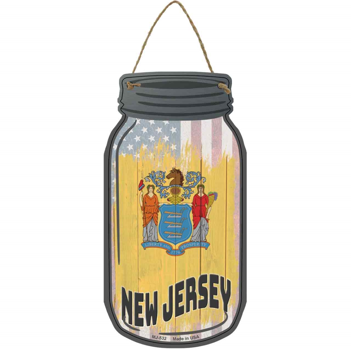 MJ-532 4 x 8 in. New Jersey USA Flag Novelty Metal Mason Jar Sign