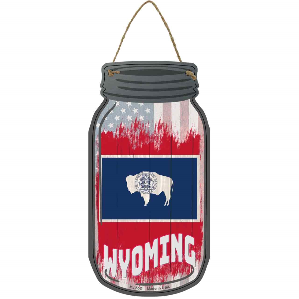 MJ-552 4 x 8 in. Wyoming USA Flag Novelty Metal Mason Jar Sign