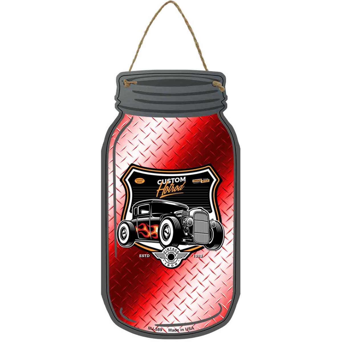 MJ-589 4 x 8 in. Custom Hot Rod Diamond Novelty Metal Mason Jar Sign, Red