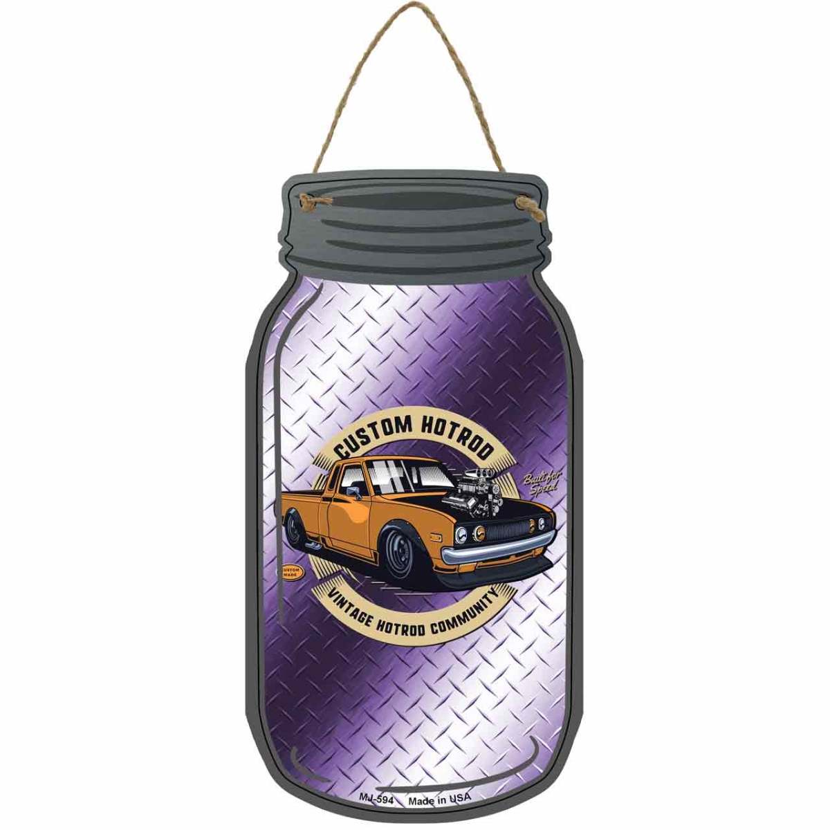MJ-594 4 x 8 in. Custom Hot Rod Diamond Novelty Metal Mason Jar Sign, Purple
