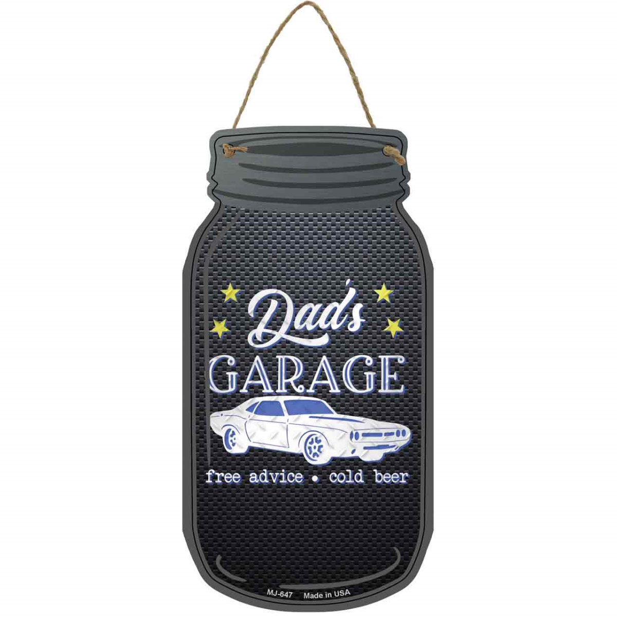 MJ-647 4 x 8 in. Dads Garage Novelty Metal Mason Jar Sign, Blue