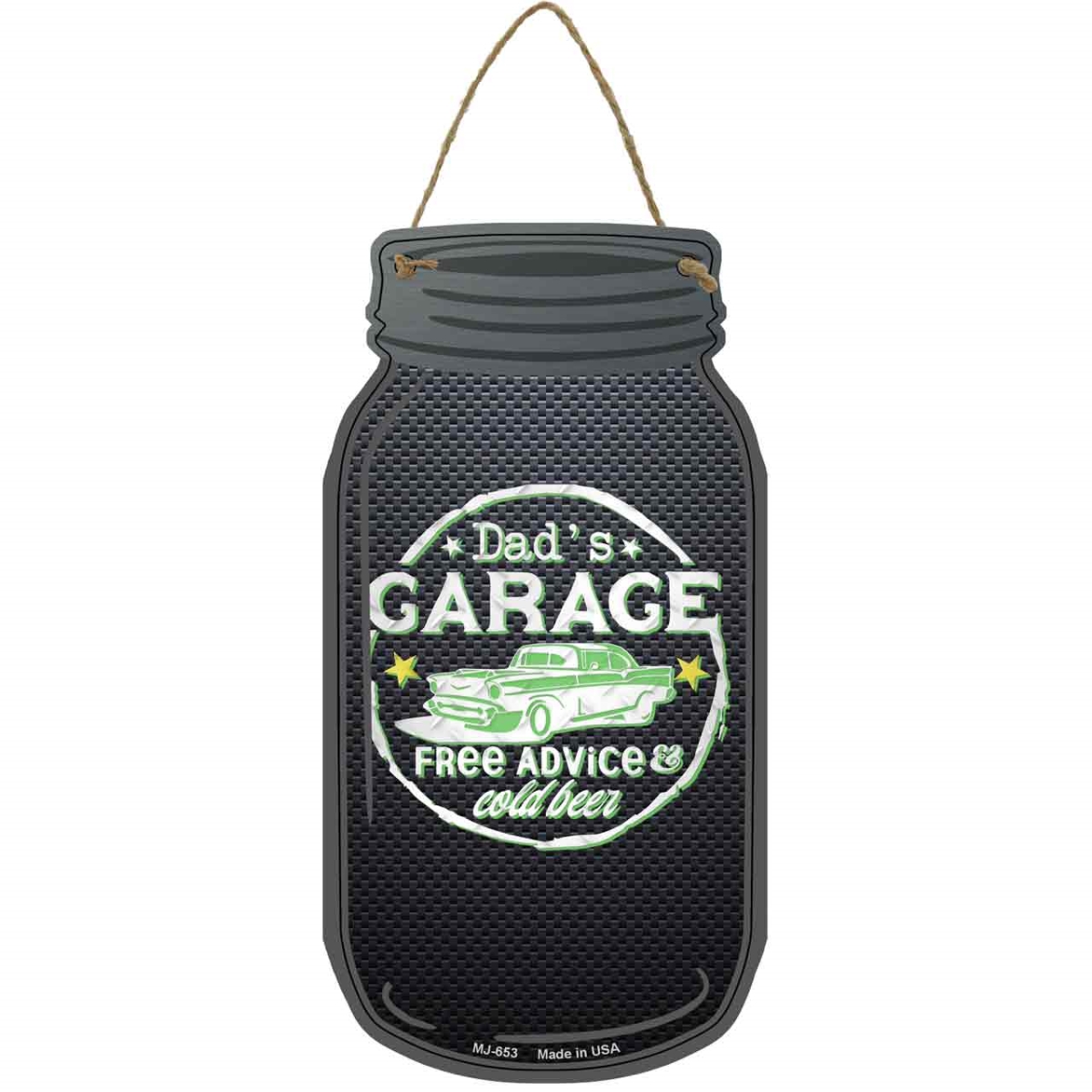 MJ-653 4 x 8 in. Dads Garage Green Novelty Metal Mason Jar Sign