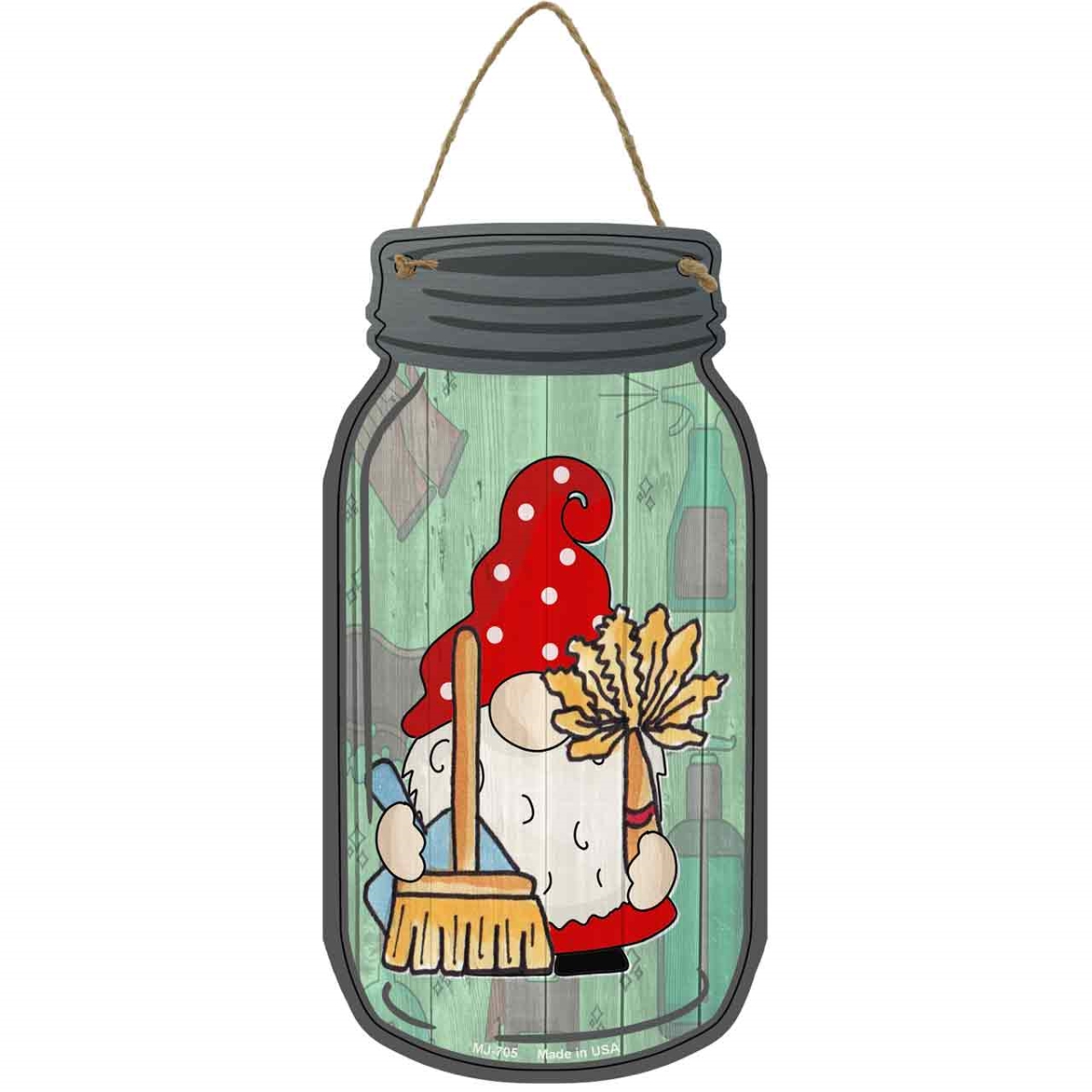 MJ-705 4 x 8 in. Broom & Duster Novelty Metal Mason Jar Sign with Gnome