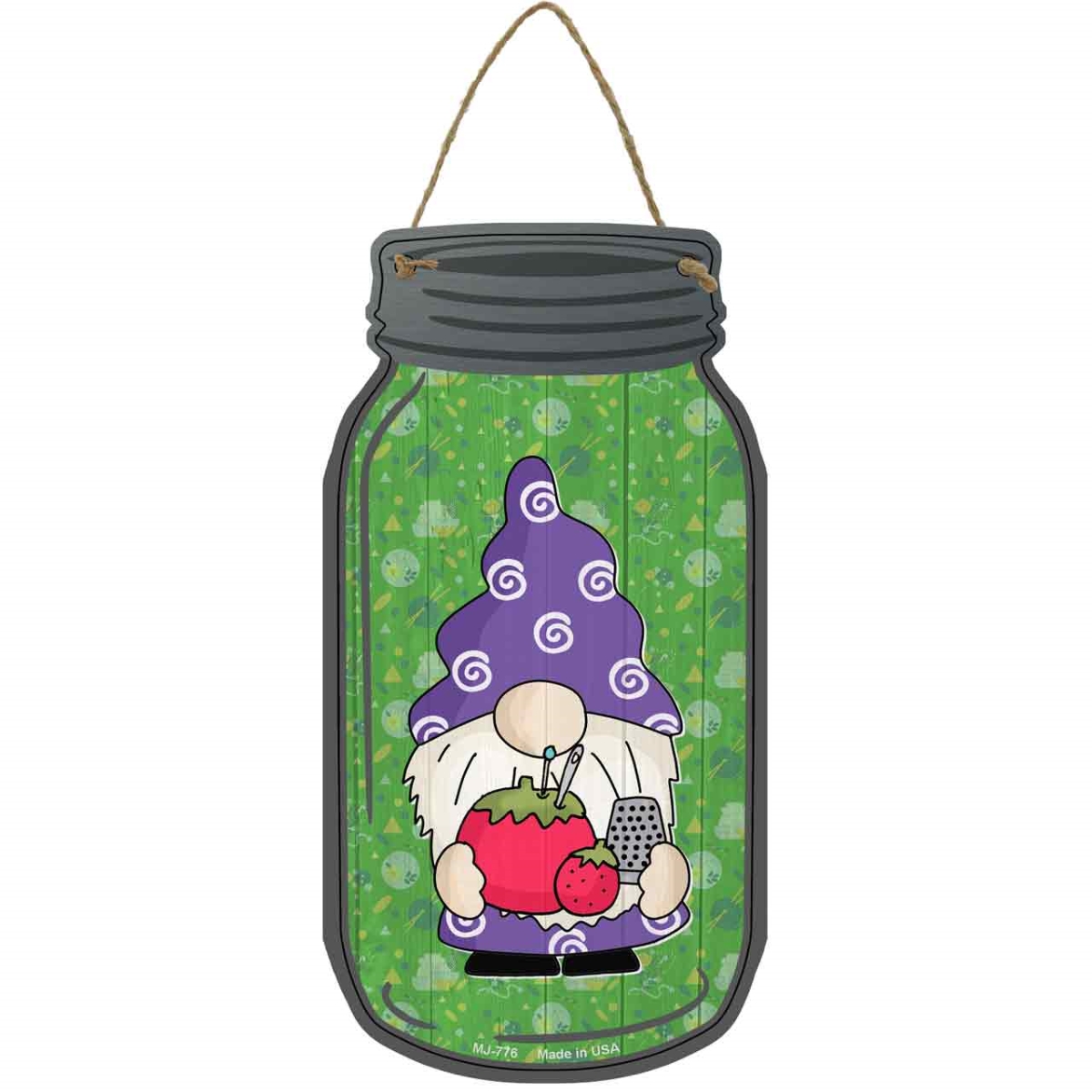 MJ-776 4 x 8 in. Pins Green Novelty Metal Mason Jar Sign with Gnome