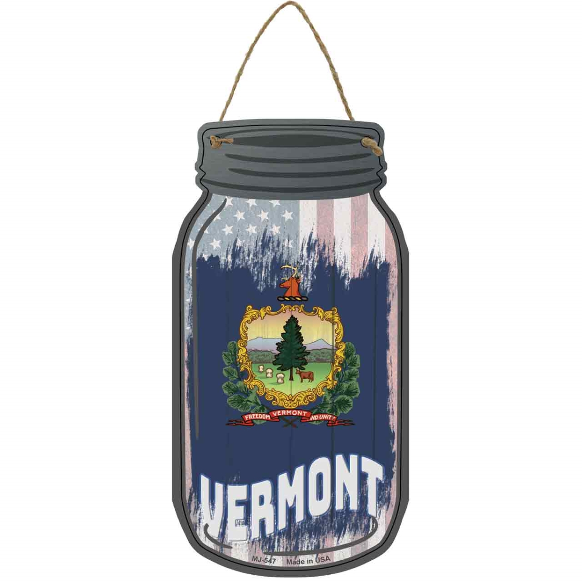 MJ-547 4 x 8 in. Vermont USA Flag Novelty Metal Mason Jar Sign