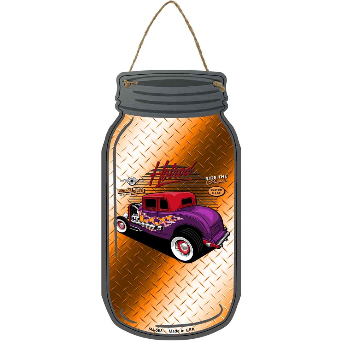 MJ-598 4 x 8 in. Hot Rod Diamond Novelty Metal Mason Jar Sign, Orange