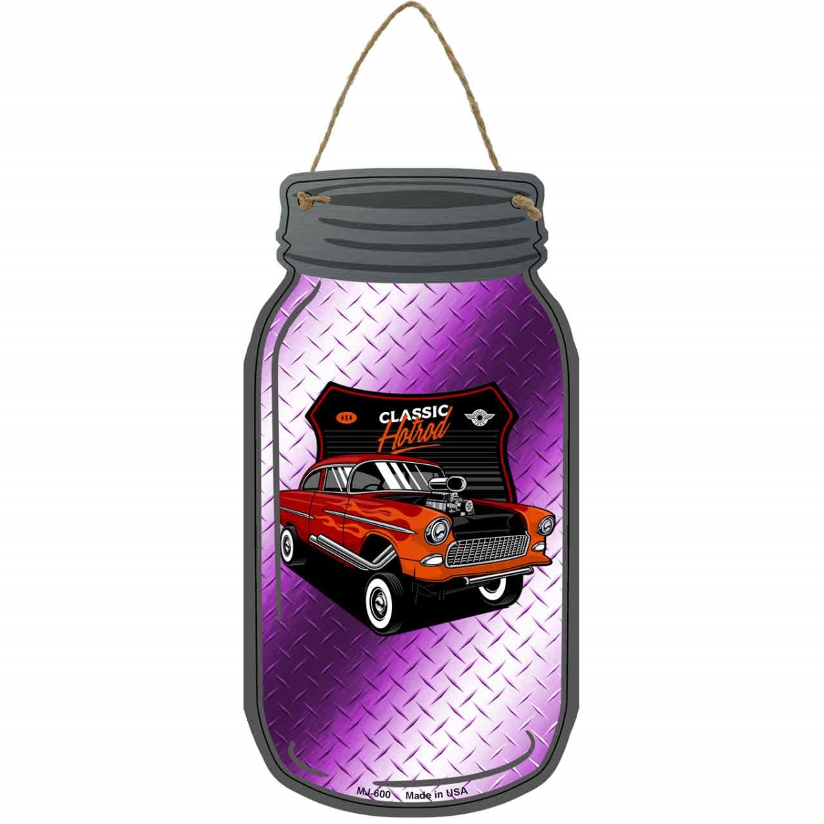 MJ-600 4 x 8 in. Classic Hot Rod Diamond Novelty Metal Mason Jar Sign, Purple