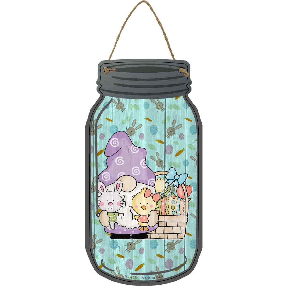 MJ-713 4 x 8 in. Easter Basket Novelty Metal Mason Jar Sign with Gnome